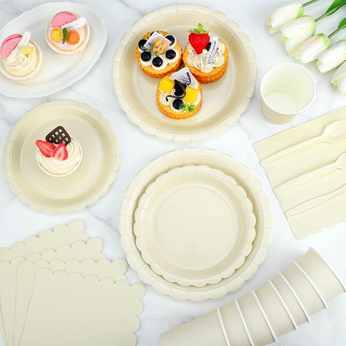 25 Set Party Plates and Cups and Napkins Ivory Scalloped Dinnerware | 175 Pcs Beige Party Supplies Include 9" Cream Plates, 7" Dessert Plates, 6.5 Inch Napkins for Wedding, Bridal&Baby Shower