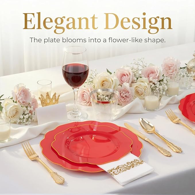 NOCCUR 175PCS Red Plastic Plates with Gold Disposable Silverware - Include 50 Red Gold Plastic Plates,25 Knives,25 Forks,25 Spoons,25 Cups and 25 Napkins - Ideal for Party/Mother's Day