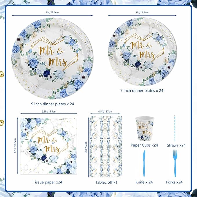 MEHOFOND 169 pcs Blue Wedding Decorations, Mr and Mrs Wedding Disposable Dinnerware, Floral Printed Bridal Shower Plates and Napkins Sets, Paper Plates Cups Party Supplies, Serve 24 Guests