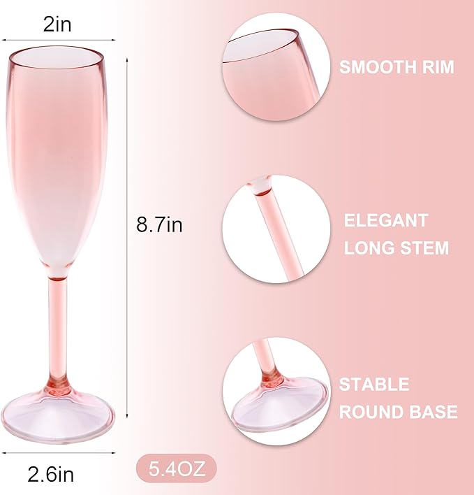JLYLOL Champagne Flutes 5.4OZ Plastic Champagne Glasses Wine Glasses Plastic Goblets for Parties Mimosa Bar Glasses Stemmed Drinking Cups for Wedding Celebration Christmas Birthday Bride (Clear Pink)
