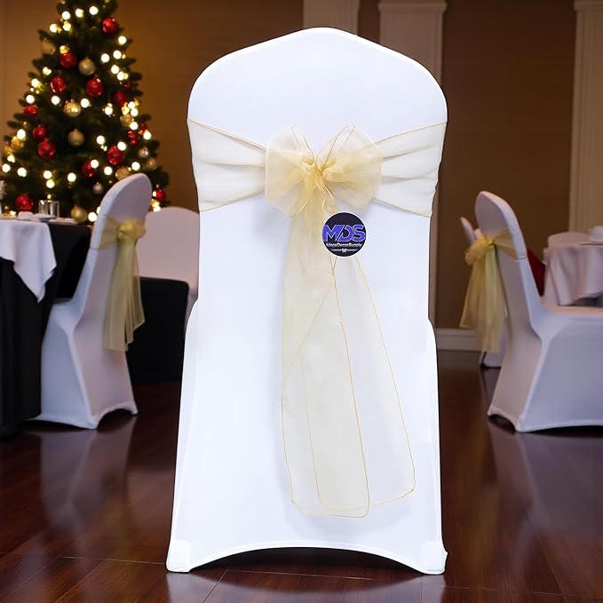 MDS® Pack of 300 Organza Chair Sashes for Wedding Decoration, Reusable Sheer Chair Bows for Banquet Chair Cover, Reception, Bridal Shower, Baby Shower, Birthday Party & Special Events - Beige