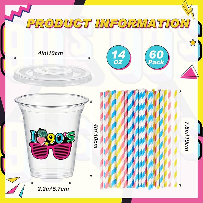 Qinyoung 60 Sets 90's Party Plastic Cups Bulk 14 oz 90s Disco Dance Party Favor Supplies Ice Coffee Plastic Colorful Cups Bulk with Lids and Paper Straws for Cowgirl Birthday