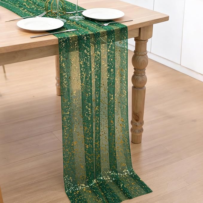 BINBE 1PCS Green Table Runner 10Ft Sheer Chiffon Fabric Cheesecloth Sequin Glitter Table Runner for Wedding Birthday Party Decor