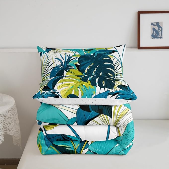 jejeloiu Palm Leaf Comforter Set Full Size Kids Tropical Leaves Bedding Set for Boys Girls Summer Boho Botanical Branches Nature Theme Duvet Quilt Room Decor