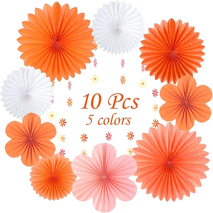SUNBEAUTY Paper Flowers Decorations for Wall, Spring Pink and Orange Party Decorations, Orange Pink Groovy Paper Fans Classroom for Wall Hanging Decor for Office Baby Shower Bulletin Board, Set of 9