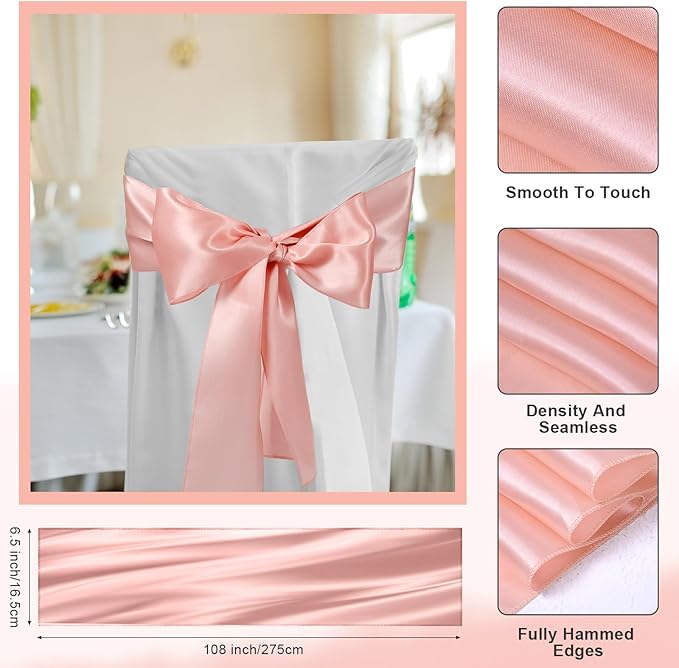 Lounsweer 50 Pcs Folding Chair Cover Set with 25 Stretch Spandex Slipcovers 25 Satin Chair Sashes Bows Ribbon Washable Banquet Protector for Wedding Event Party(White, Rose Gold)