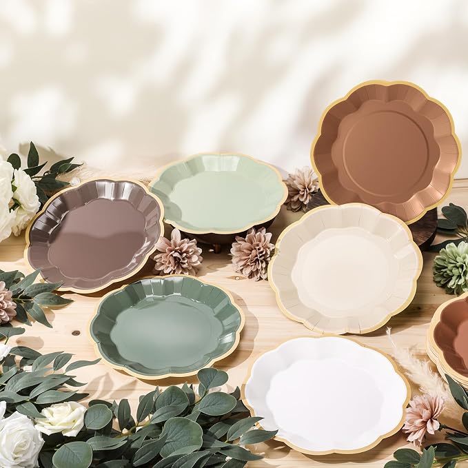 72 Pcs Woodland Paper Plates 9 Inch Green and Brown Gradient Scalloped Paper Disposable Dinner Dessert Plates for Birthday Wedding Bridal Party Supplies, 6 Colors