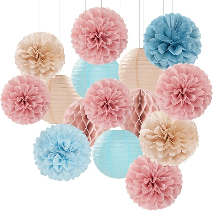 Dusty-Blue Pink Party-Decorations Paper Lanterns - 15pc Gender Reveal Tissue Pom Poms Streamers,Birthday Bachelorette Bridal Baby Shower Engagement Wedding Decor Panduola