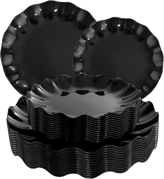 LIYH 24 Pcs Black Reusable Plastic Plates – Unbreakable Camper Dishes, Dishwasher Safe Dinner Plate Dessert Plates, Scalloped Design - Ideal for Parties, Picnics 12Guests