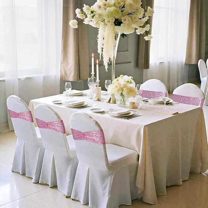 Poise3EHome Fuchsia Pink Sequin Chair Sashes Folding Chair Covers Bow for Wedding Party Reception Decorations, 10 PCS