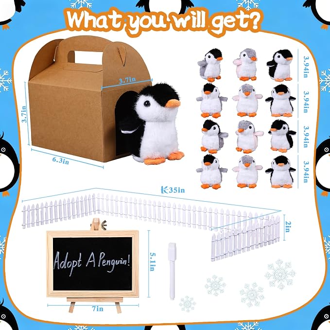Adopt A Penguin Party Favors Mini Plush Stuffed Animals Set with 12 Plush Penguin Mini Fence Blackboard Kraft Paper Box for Adopt An Animal Themed Birthday Party