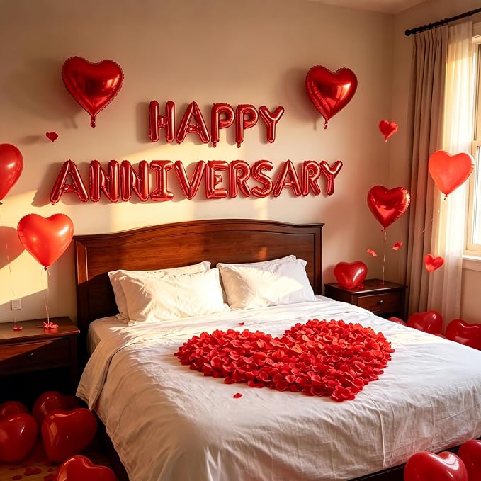 2 Set HAPPY ANNIVERSARY Balloons - 1200pcs Red Artificial Rose Petals, 32pcs 16" Letter, 10pcs 18" Heart Balloons for Valentines Day Decorations
