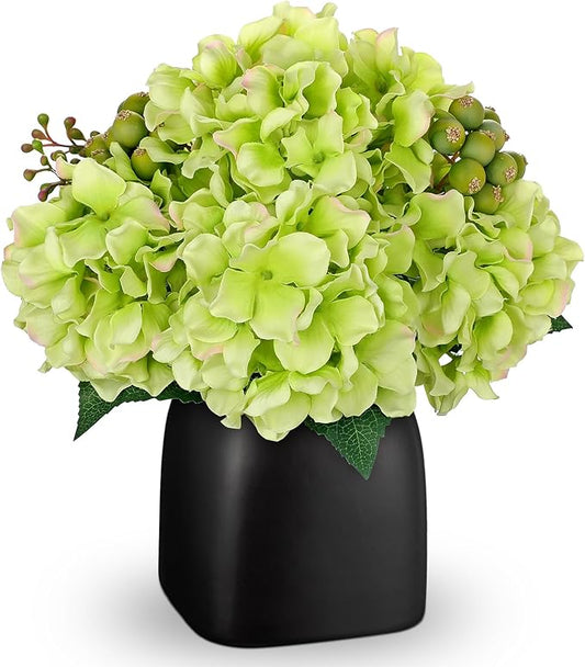 Briful Artificial Green Hydrangea Arrangement in Matte Black Vase, Faux Floral Centerpiece with Green Berry, Modern Farmhouse Table Decor for Dining Room, Entryway, Living Room, Kitchen Coffee Office