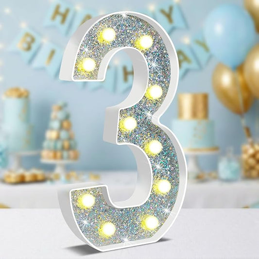 12.6 Inch LED Silver Marquee Light Up Numbers, 3rd Birthday Decorations Number Lights as Gifts for Girls Boys, Glitter Lighted Marquee Numbers for Silver Anniversary Party Table Decor, 3