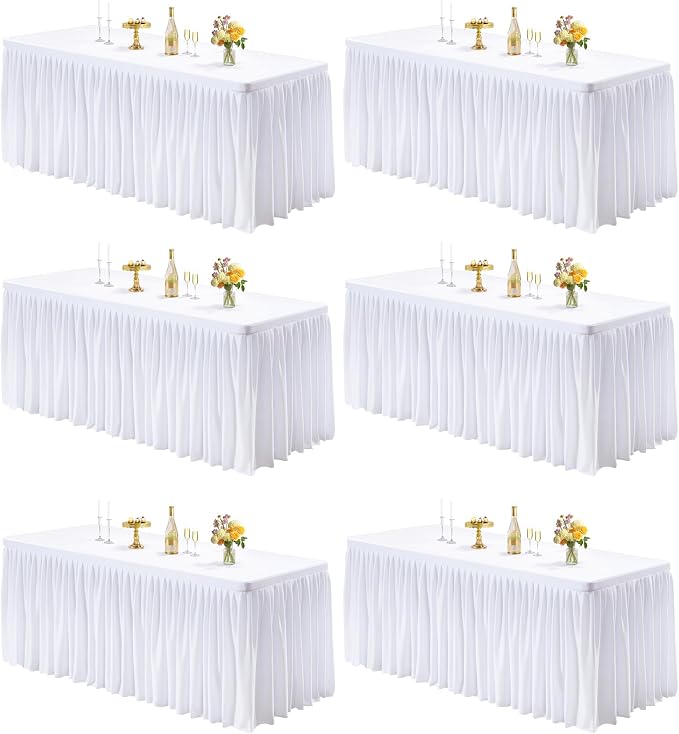 PARTISKY 6 Pack White Tablecloths for Rectangle Tables 8ft, Wrinkle Resistant White Table Cover Fitted Stretch Table Cloth with Pleated Ruffle Skirts for Party Banquet Dining Birthday Wedding