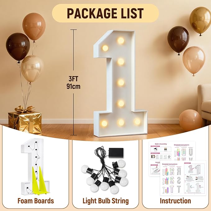 3FT Marquee Numbers 1, Large Light Up Numbers for 1st Birthday Decorations, Happy 1st Birthday Party Supplies, Anniversary Cardboard Big Mosaic Balloon Frame Number 1