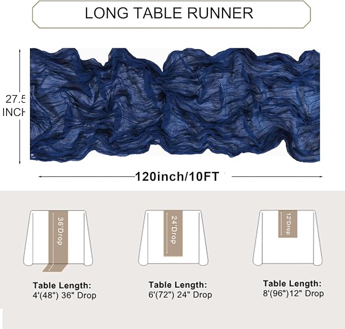 Snowkingdom 10 Ft Navy Blue Cheesecloth Table Runner, 120 inch Long Cheese Cloth Boho Gauze Runner for Christmas Wedding Bridal Baby Shower Birthday Holiday Party Sheer Table Decorations