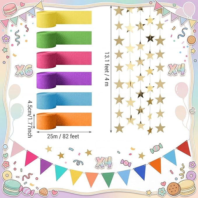 Frienda 14 Pcs Rainbow Party Decorations Set 492 ft Colorful Crepe Paper Streamers, 52.8ft Gold Star Garlands Backdrop and 4 Pennant Banner Flags for Wedding Birthday Fancy Party Hanging Decorations