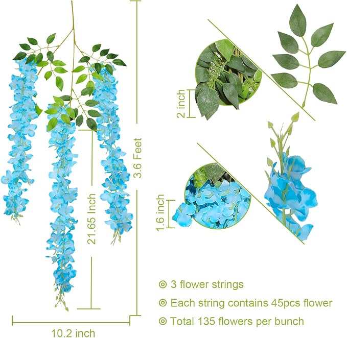 U'Artlines 24 Pack(Total 86.4 Feet) Artificial Fake Wisteria Vine Rattan Hanging Garland Silk Flowers String Home Party Wedding Decor (24, Blue)