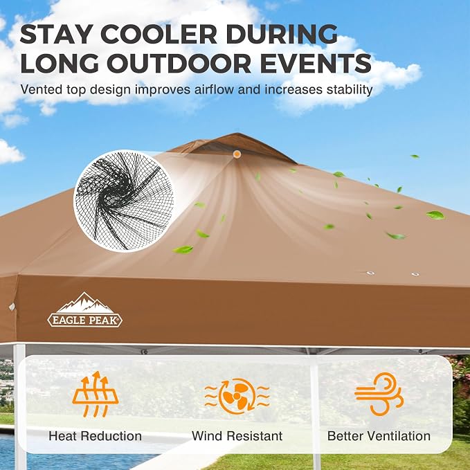 EAGLE PEAK Pop Up Canopy Tent with Wheeled Carry Bag, 8 Stakes, 4 Ropes, 4 Weight Bags, Easy Set Up Tent Canopy, 10x10 ft, 100sqft of Shade, Khaki