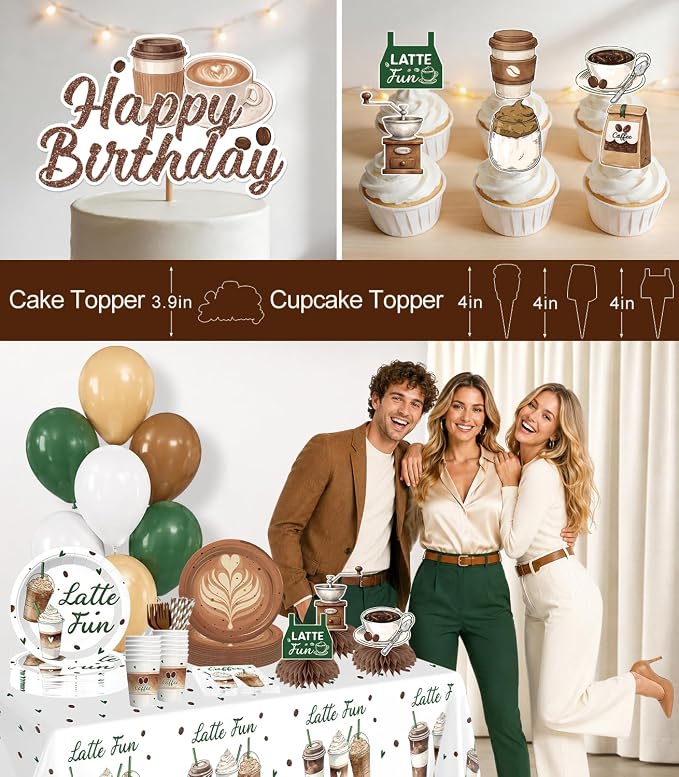 213pcs Coffee Birthday Decorations, Serves 25 People, Includes Pre-Strung Banner, Heavy-Duty 350gsm Paper Plates, Waterproof & Oil-Proof Disposable Plastic Tablecloths