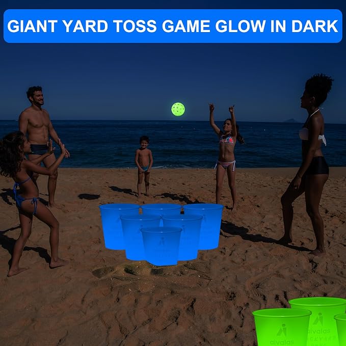 Aivalas Yard Pong Outdoor Games Glow Set in Dark, Giant Yard Pong Game for Adults and Family with 12 Buckets, 4 Balls and a Carrying Bag, Giant Pong for Beach, Camping, Lawn and Backyard