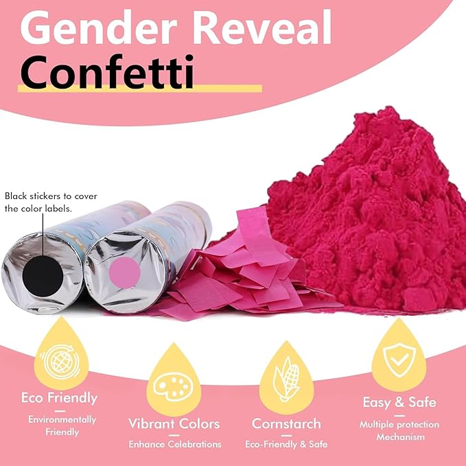 Previvo Gender Reveal Confetti Powder Cannon - 4 Pack Pink Baby Gender Reveal Poppers - 100% Biodegradable Powder Smoke - Baby Party Supplies