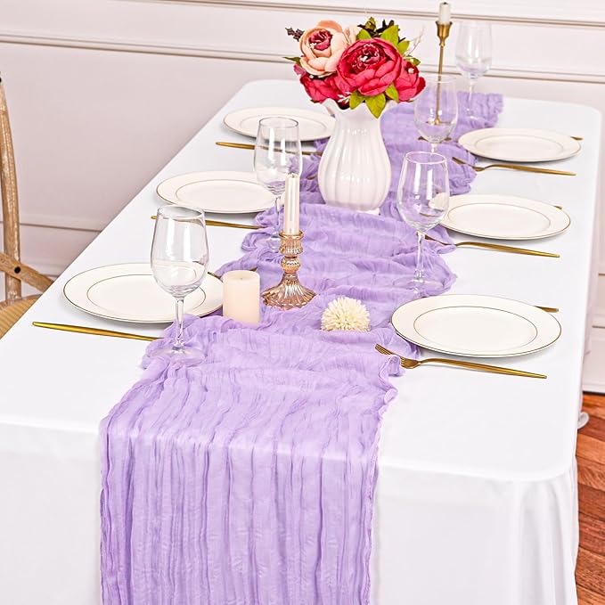 24 Pack Lavender Cheesecloth Table Runner ,10FT Cheese Cloth Table Runner for Wedding Decor, 20x120inch Rustic Boho Gauze Table Runners for Wedding Party Bridal Shower