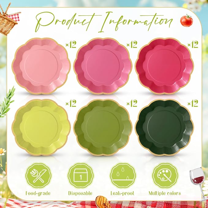 72 Pcs Pink and Green Paper Plates 9 Inch Pink and Green Guava Gradient Scalloped Paper Disposable Dinner Dessert Plates for Summer Birthday Wedding Bridal Party Supplies, 6 Colors