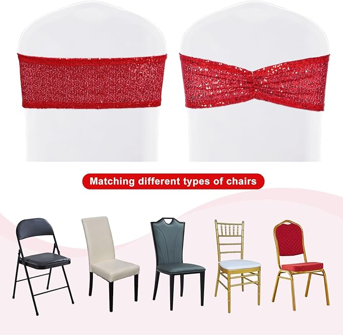 SquarePie Pack of 50 Sequin Chair Sashes Bows Glitter Red Chair Covers Bands for Wedding Banquet Birthday Party Decor