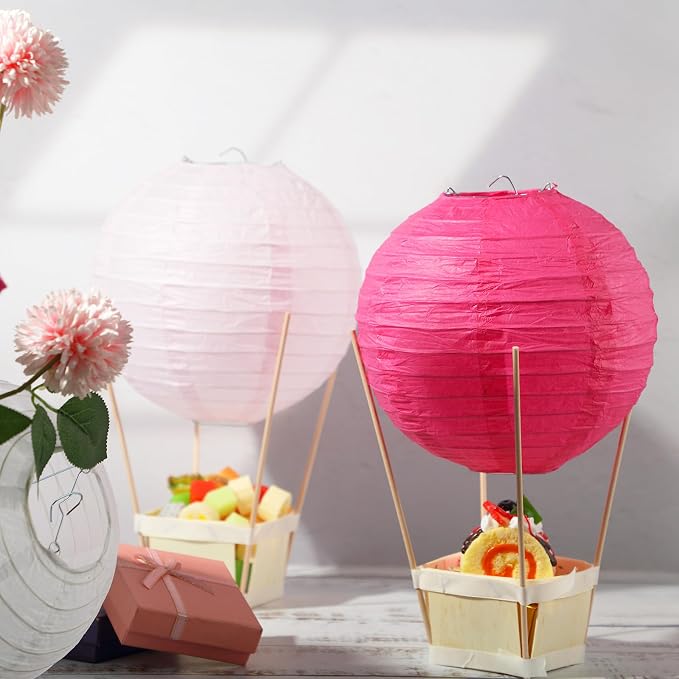 Namalu 24 Set Hot Air Balloon Table Centerpieces Baby Shower Party Decoration Paper Lanterns with Wooden Basket Sticks for Summer Birthday School DIY Craft(Hot Pink)