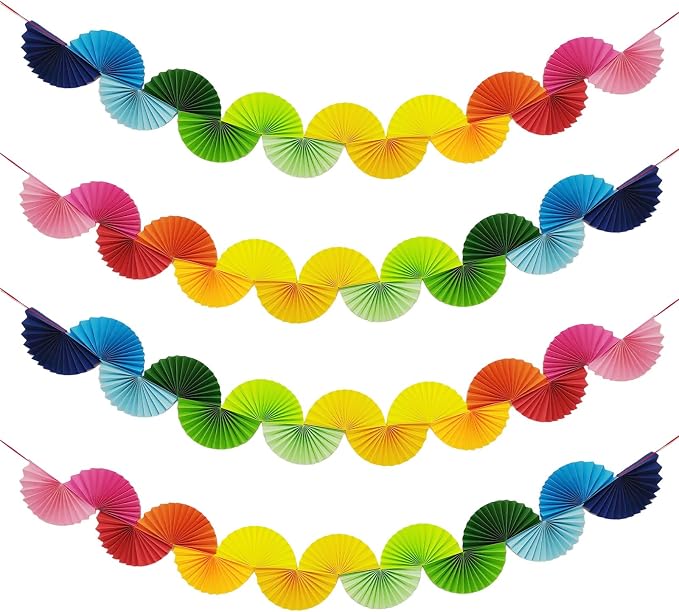 Rainbow Paper Fan Garland - Set of 4 Reusable Party Decorations for Birthday, Baby Shower, Bachelorette, Wedding, 1.6m Each, Easy Hang Backdrop Decor (4 Pack)