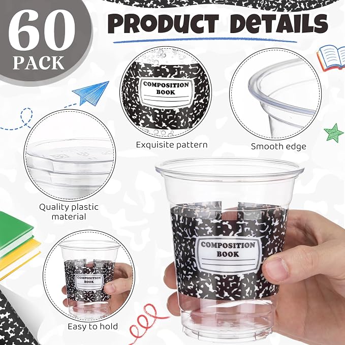Funnymoom 60 Pack Composition Book Decoration Cups 12 oz Back to School Disposable Clear Plastic Drinking Cups for First Day of School Teacher Graduation End of Year Party Decorations Supplies