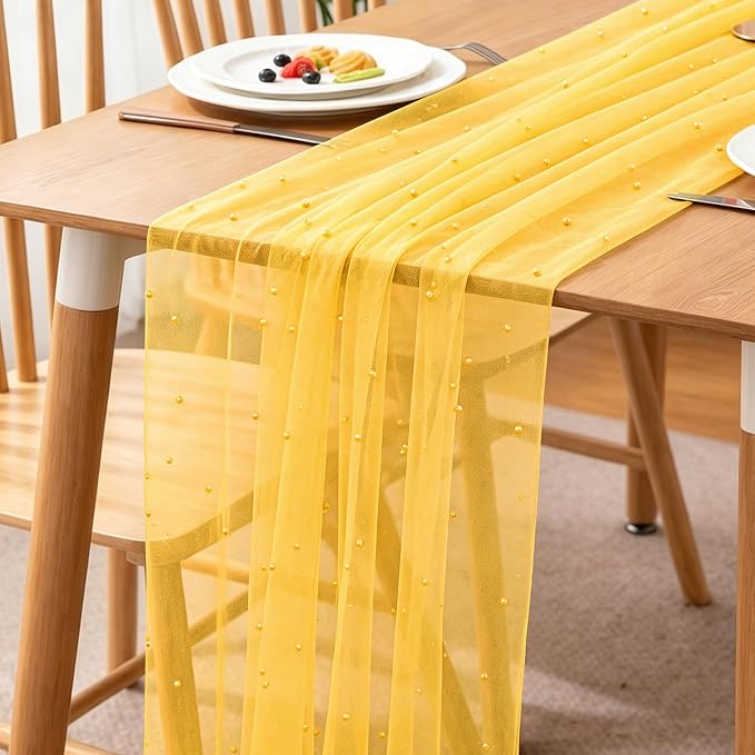 BINBE 6pcs Pearl Table Runner Spring Summer Rustic Boho 10ft Tulle Table Runner for Baby Shower Wedding Veil Holiday Dessert Table Decor Yellow