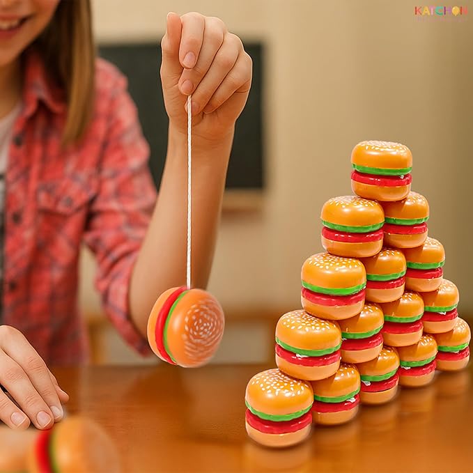 KatchOn, Hamburger Yoyo Toys for Kids - Pack of 24 | Plastic Burger Yo-yos, Yoyo Bulk, Halloween Party Favors for Kids 8-12, Classroom Prizes, Pinata Return Gifts | Thanksgiving Goodie Bags Stuffers