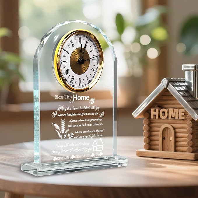 Housewarming Gifts for New Home, Engraved Crystal Glass Clock with Blessing Words, Elegant Home Decoration for Desk, Office, Bedroom - Unique House Warming Gift for Women, Men, Couples, Family