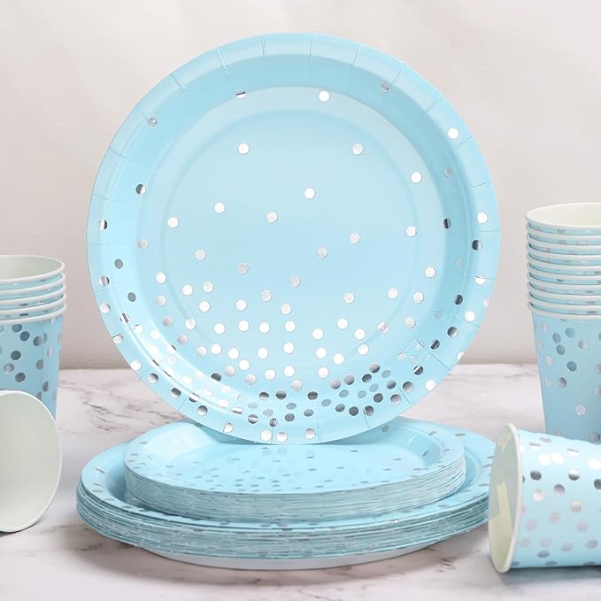 175 Pcs Light Blue Plates and Napkins Party Supplies - Baby Blue Paper Plates Serve 25 Guests - Light Blue and Silver Disposable Plates Sets for Birthday Wedding Baby Shower Holiday Party Decorations