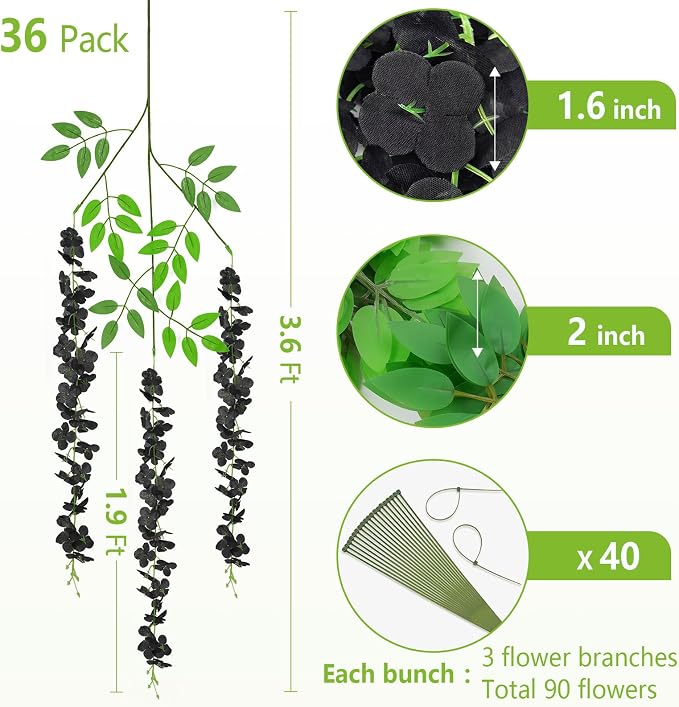 BLEUM CADE 36Pcs Black Fake Wisteria Hanging Flowers, 3.6Ft/Pcs Artificial Wisteria Garland, Hanging Flowers for Wedding Party Home Backdrop Wall Decoration