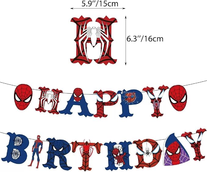 52pcs Spider Birthday Decorations Pack - Cartoon Spider Party Decorations Supplies with Balloons, Banner, Backdrop, Cake/Cupcake Toppers, Hanging Swirls & Tablecloth