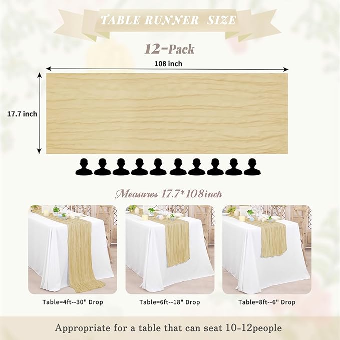 12 Pack Cheesecloth Table Runner,Beige Table Runner Long Romantic Semi Sheer Rustic Boho Gauze Table Runners for Wedding Bridal Shower Birthday Party Decorations(17.7×108 Inch)