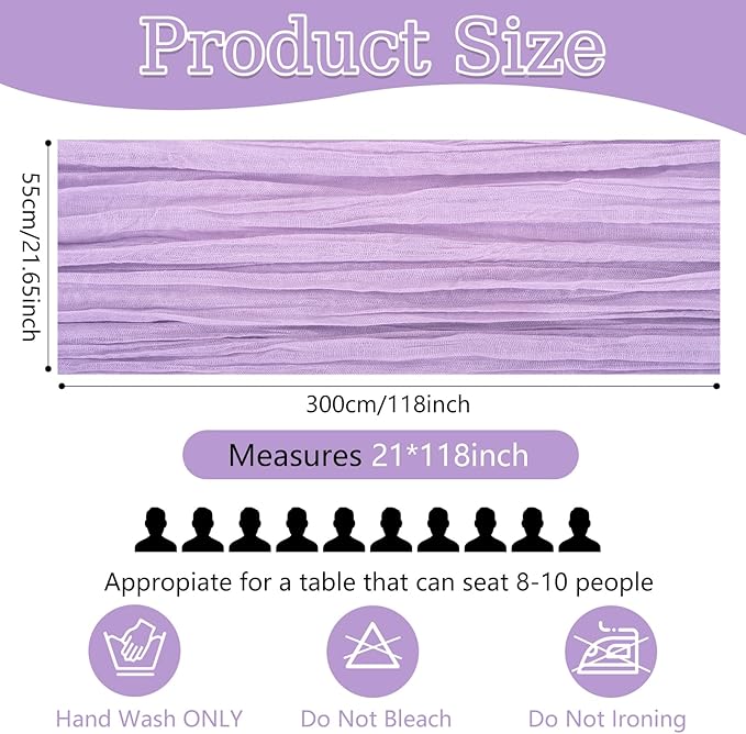 10 Pack Lavender Cheesecloth Table Runner 10FT Boho Gauze Fabric Cheese Cloth Table Runners for Wedding ,Party,Baby Shower, Bridal Party, Rustic Farmhouse and Table Decorations