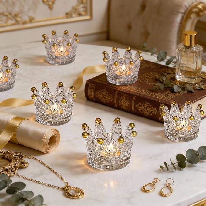 Rubtlamp 6 Pack Clear Gold Crown Glass Candle Holder, Clear Votive Candle Holders with Gold Tips, Tealight Candles Holders for Table Centerpieces, Wedding, Birthday