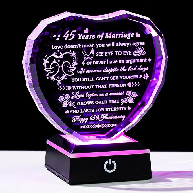 Arikyrist 45th Wedding Anniversary Crystal Heart Gifts for Couple, Laser Engraved 45 Year Anniversary Crystal Gifts for Wife Husband Parents, Romantic 45 Years of Marriage Gift for Him Her Friends