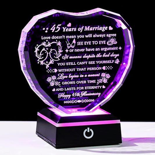 Arikyrist 45th Wedding Anniversary Crystal Heart Gifts for Couple, Laser Engraved 45 Year Anniversary Crystal Gifts for Wife Husband Parents, Romantic 45 Years of Marriage Gift for Him Her Friends