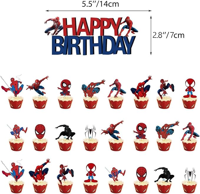 52pcs Spider Birthday Decorations Pack - Cartoon Spider Party Decorations Supplies with Balloons, Banner, Backdrop, Cake/Cupcake Toppers, Hanging Swirls & Tablecloth