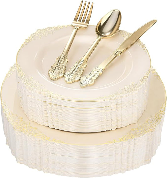 Goodluck 250 PCS Vintage Ivory & Gold Rim Plastic Plates with Cutlery Set - Serves 50 - Heavy Duty Elegant Disposable Dinnerware for Rustic Wedding, Boho Party, Tea Party