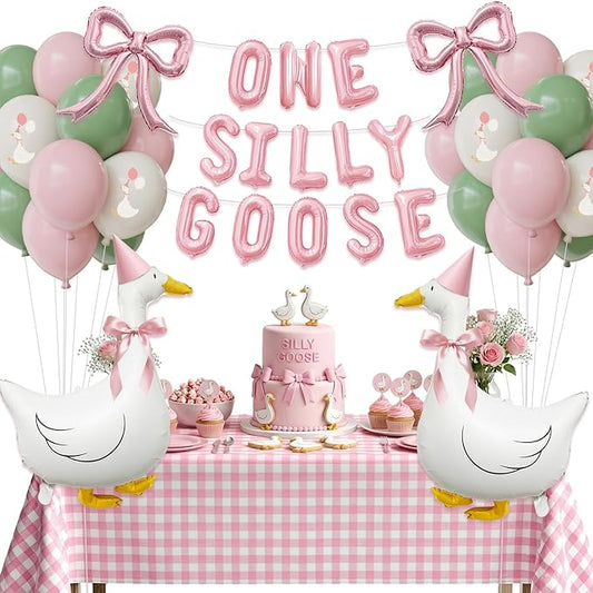 One Silly Goose 1st Birthday Table Decorations Girl – Goose Balloons with Pink Bow, ONE SILLY GOOSE Foil Banner & Gingham Tablecloth, Cute Baby Girl Birthday Party Decor