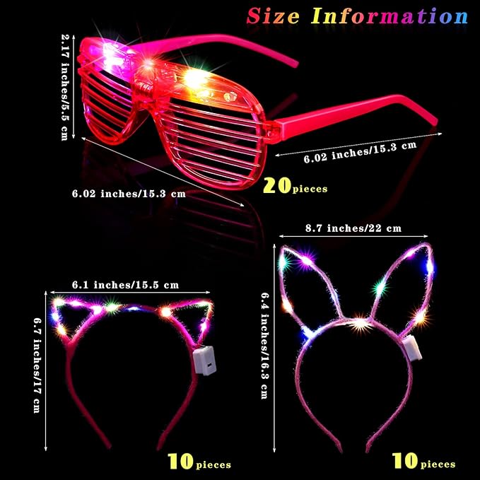 Elcoho 60 Pieces Glow in the Dark Party Supplies LED Light Up Toy Party Favors Includes 20 LED Shutter Glasses, 20 Glow Headbands, 20 LED Glow Bracelets, Neon Party Favors for Glow Party, Birthday