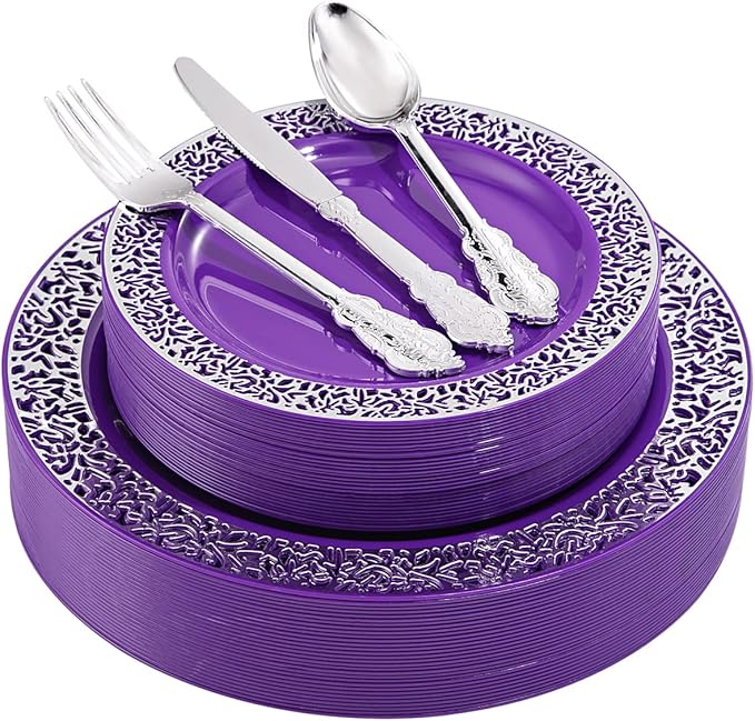 U-QE 150PCS Purple Silver Plastic Plates with Silver Silverware, Silver Party Supplies for 30 Guests Include 30 10.25" and 30 7.5" Plates, 30 Forks, 30 Knives, 30 Spoons