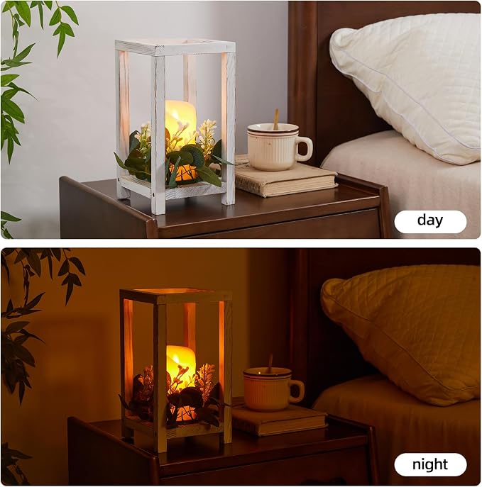 18 Pcs /6 Set Wooden Wedding Lantern Centerpiece-Wooden Candle Lantern Bulk Includes 6 Farmhouse Wooden Candle Holder 6 Flameless LED Candles 6 Eucalyptus Leaves Wreath for Decoration